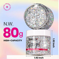 Close-up of silver glitter flakes highlighting chunky sparkle for dramatic effects.