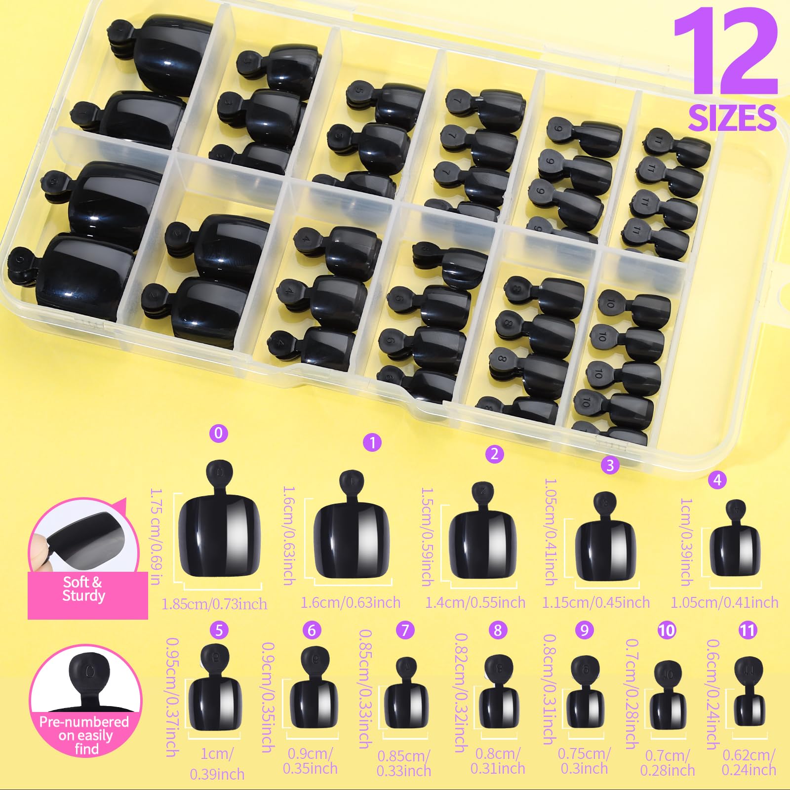 Teenitor toe nail press ons with 12 sizes pre numbered for easy sizing