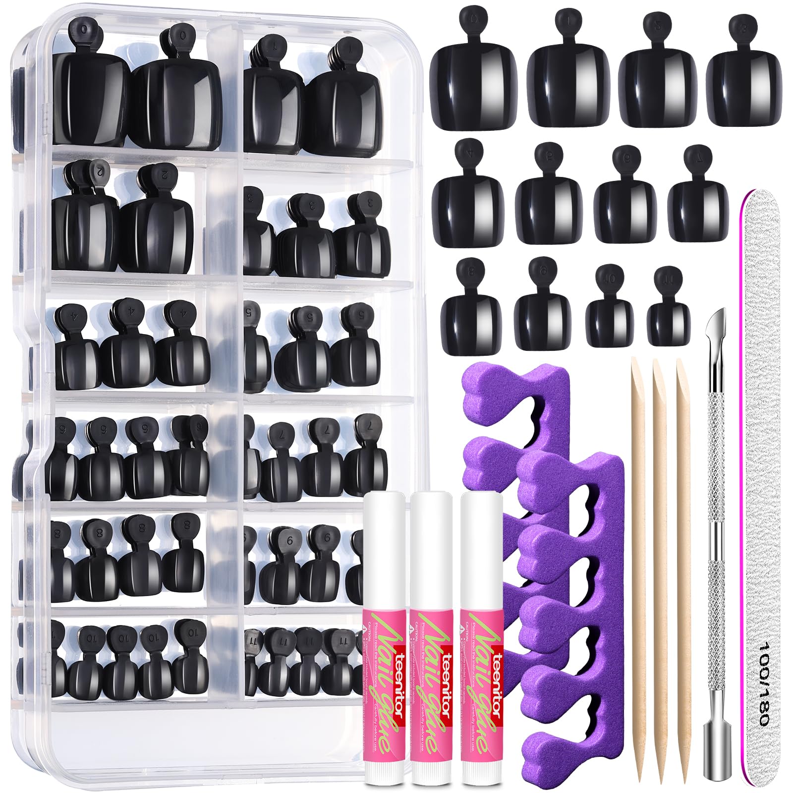 Teenitor toe nail press ons full set of black square tips for fast, stylish nails