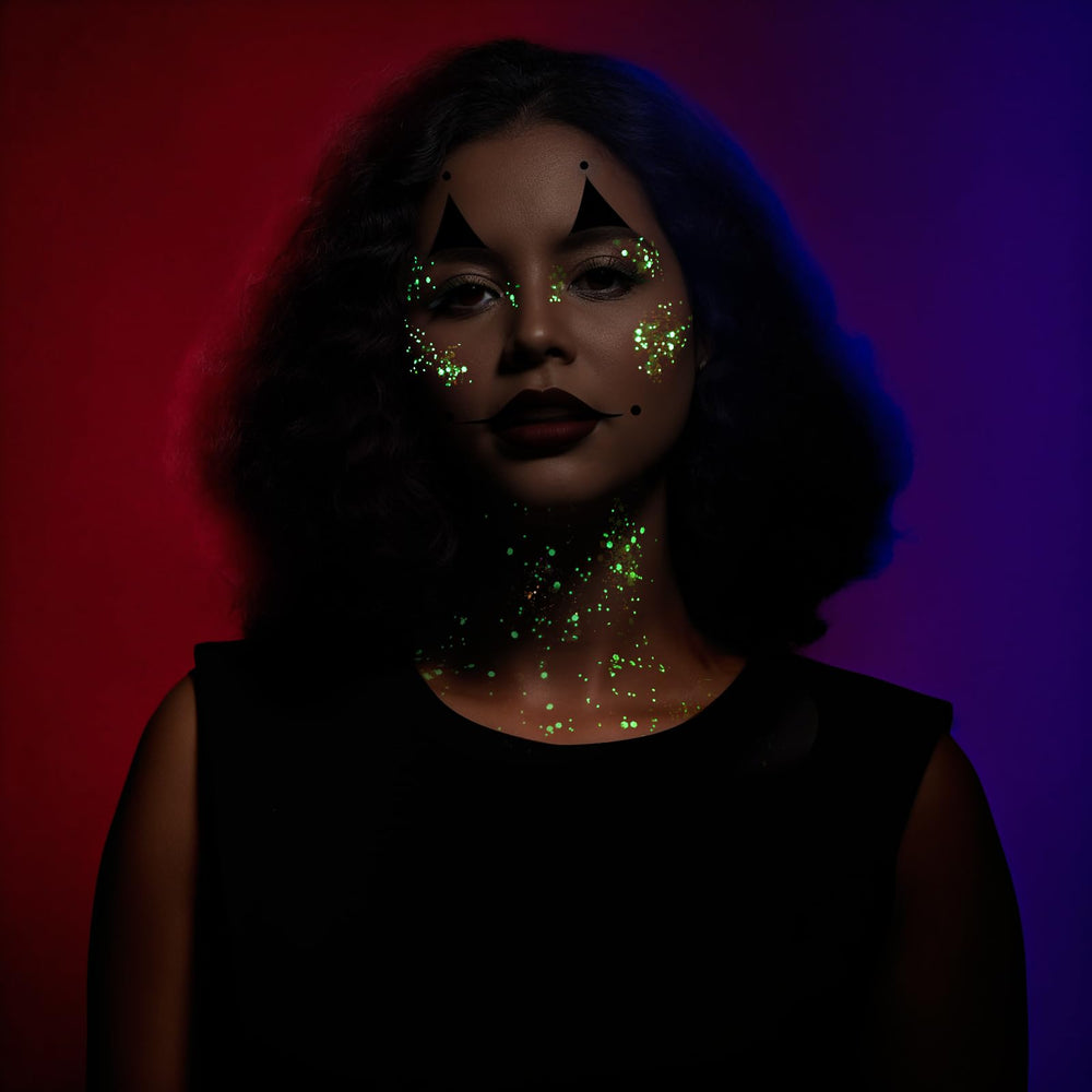 Teenitor UV party makeup sample showing vivid color payoff under black light.