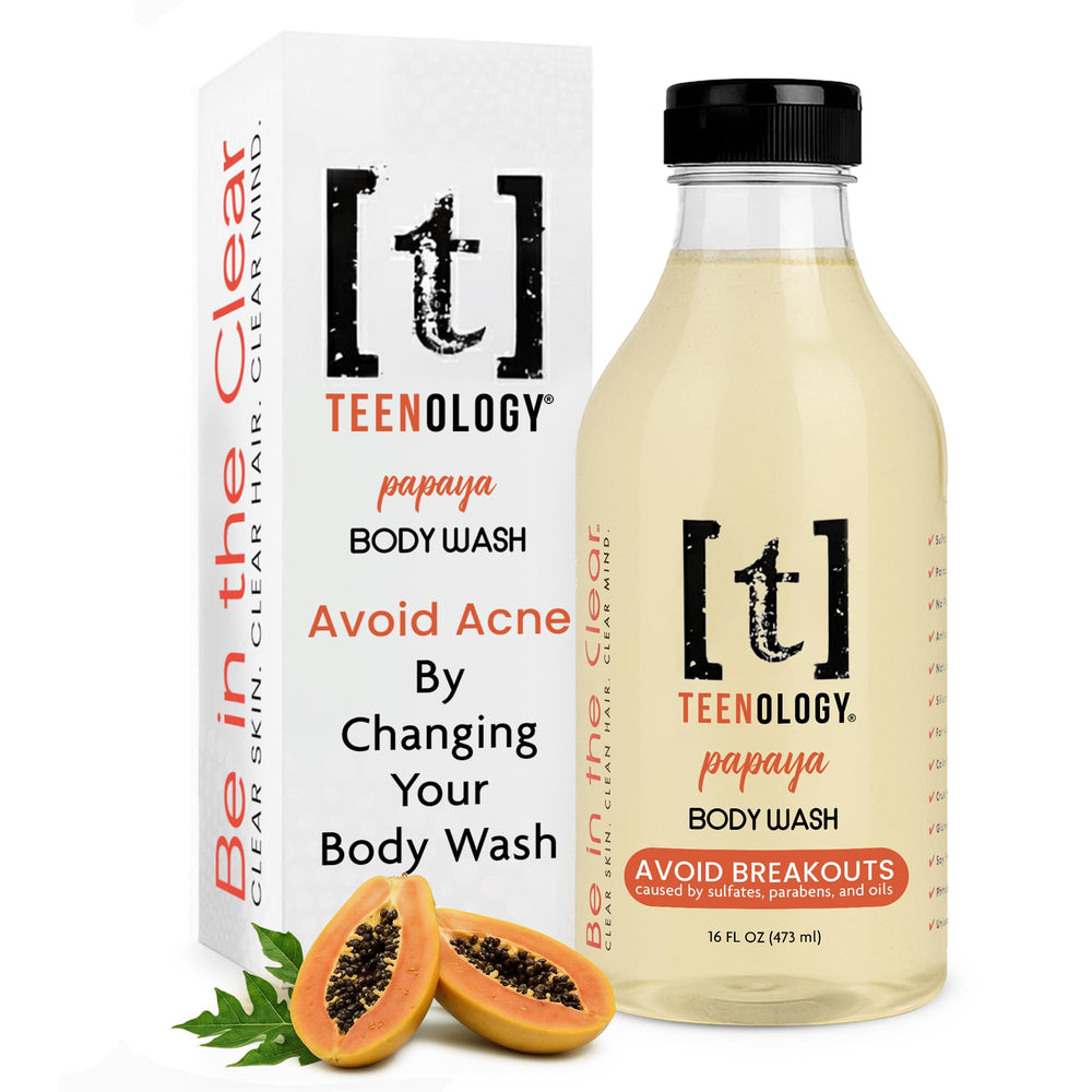 Teenology body wash papaya bottle for gentle daily cleansing to help prevent breakouts