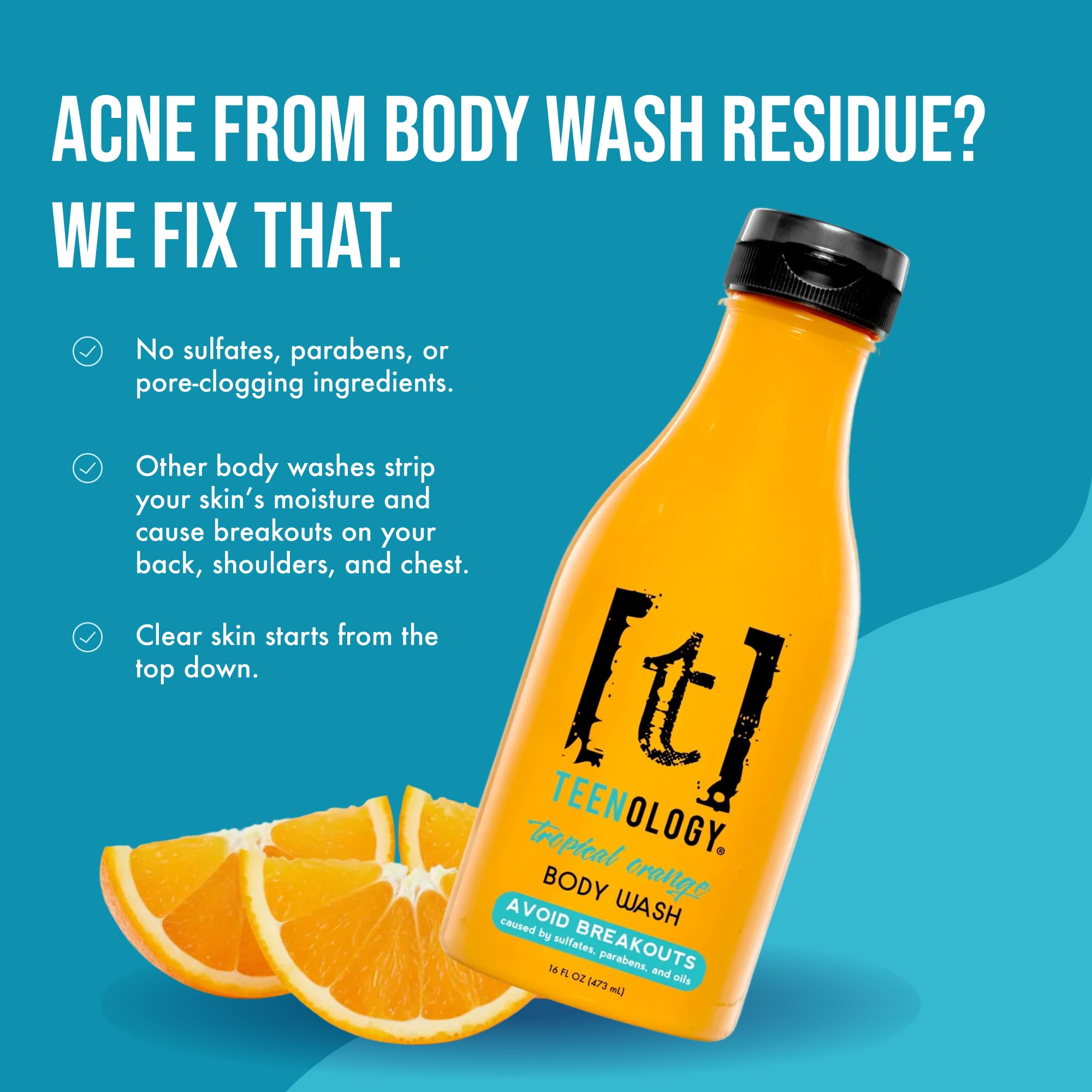 Teenology Tropical Orange label close-up; natural extracts nourish skin.