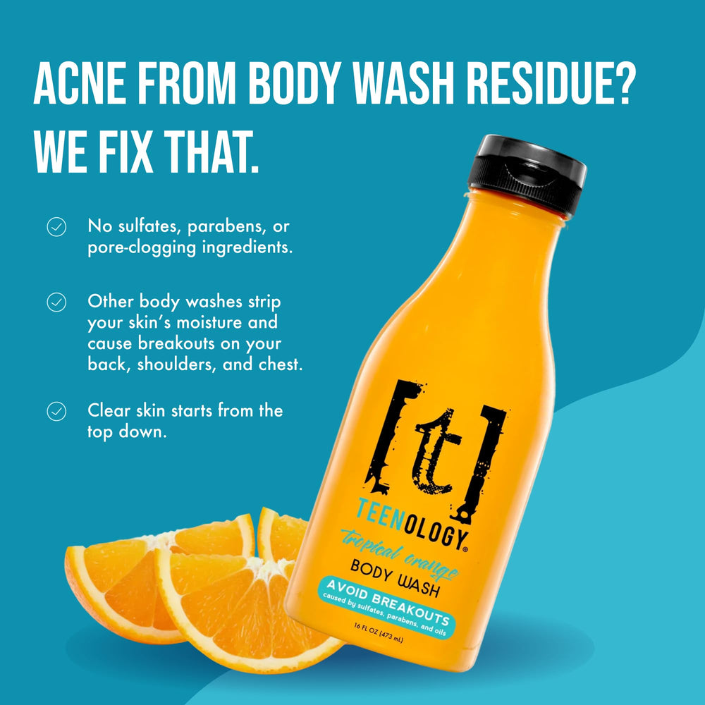 Teenology Tropical Orange label close-up; natural extracts nourish skin.