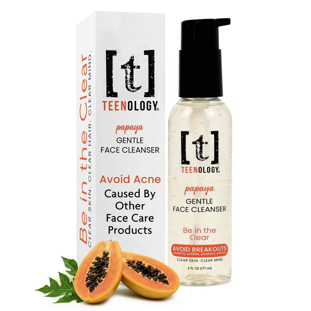 Teenology Gentle Face Cleanser bottle illustrating teen-friendly cleansing for clear skin.