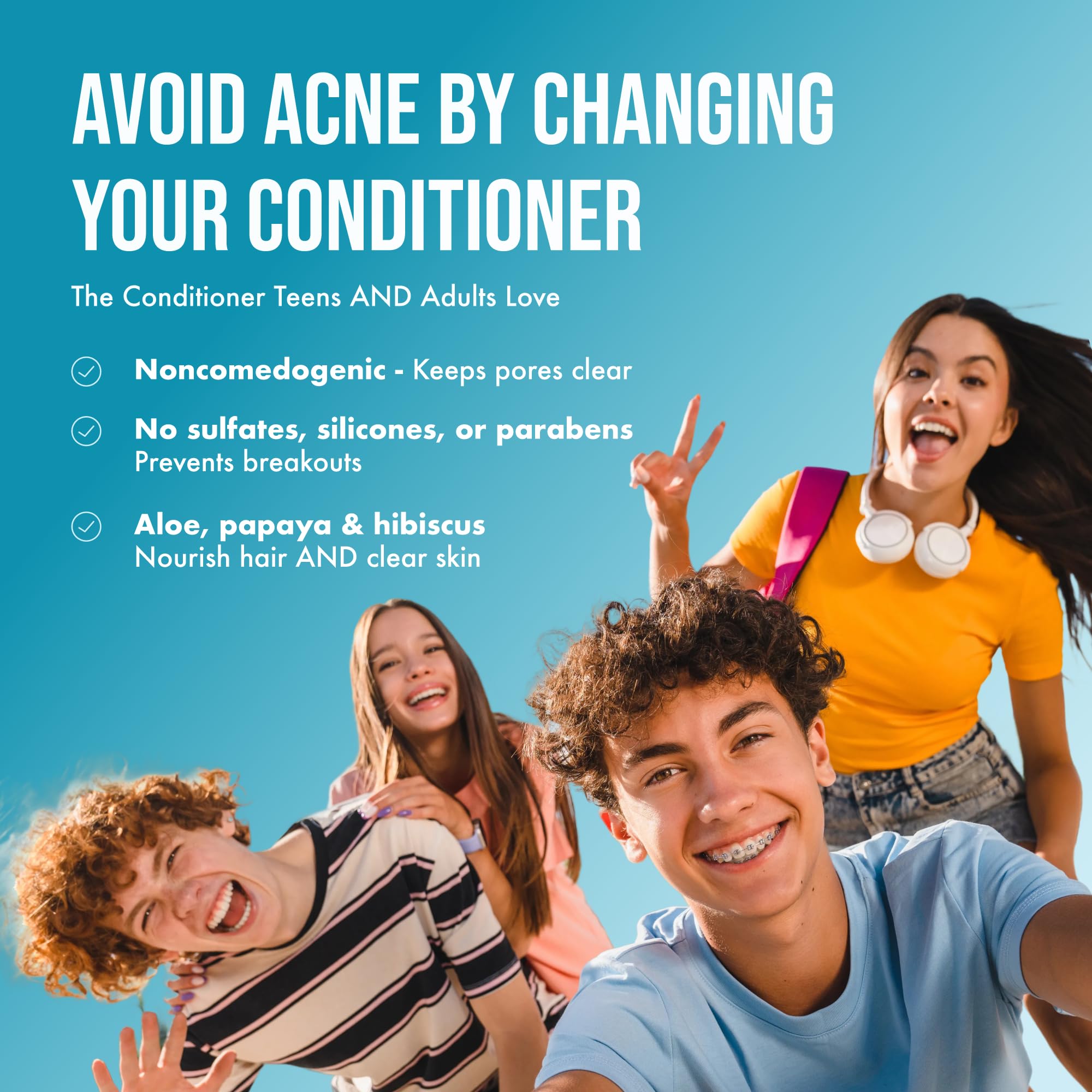 Bathroom setup with Teenology Vanilla Almond conditioner signals teen-friendly daily care.