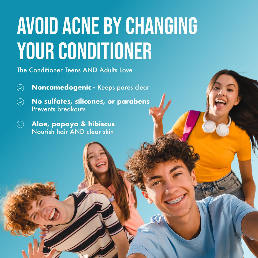 Bathroom setup with Teenology Vanilla Almond conditioner signals teen-friendly daily care.