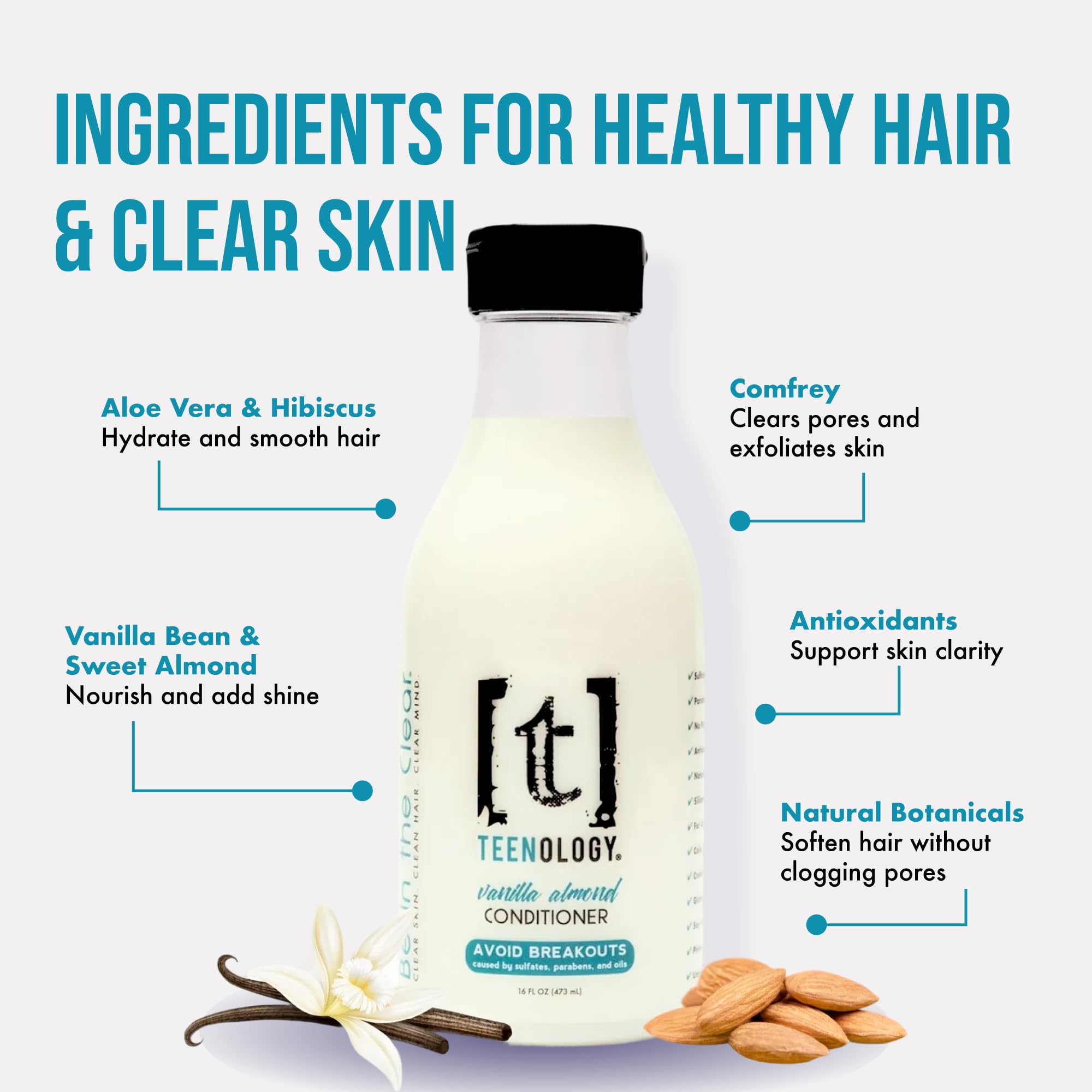Hair application shot shows easy usage for nourished strands with Teenology Vanilla Almond.