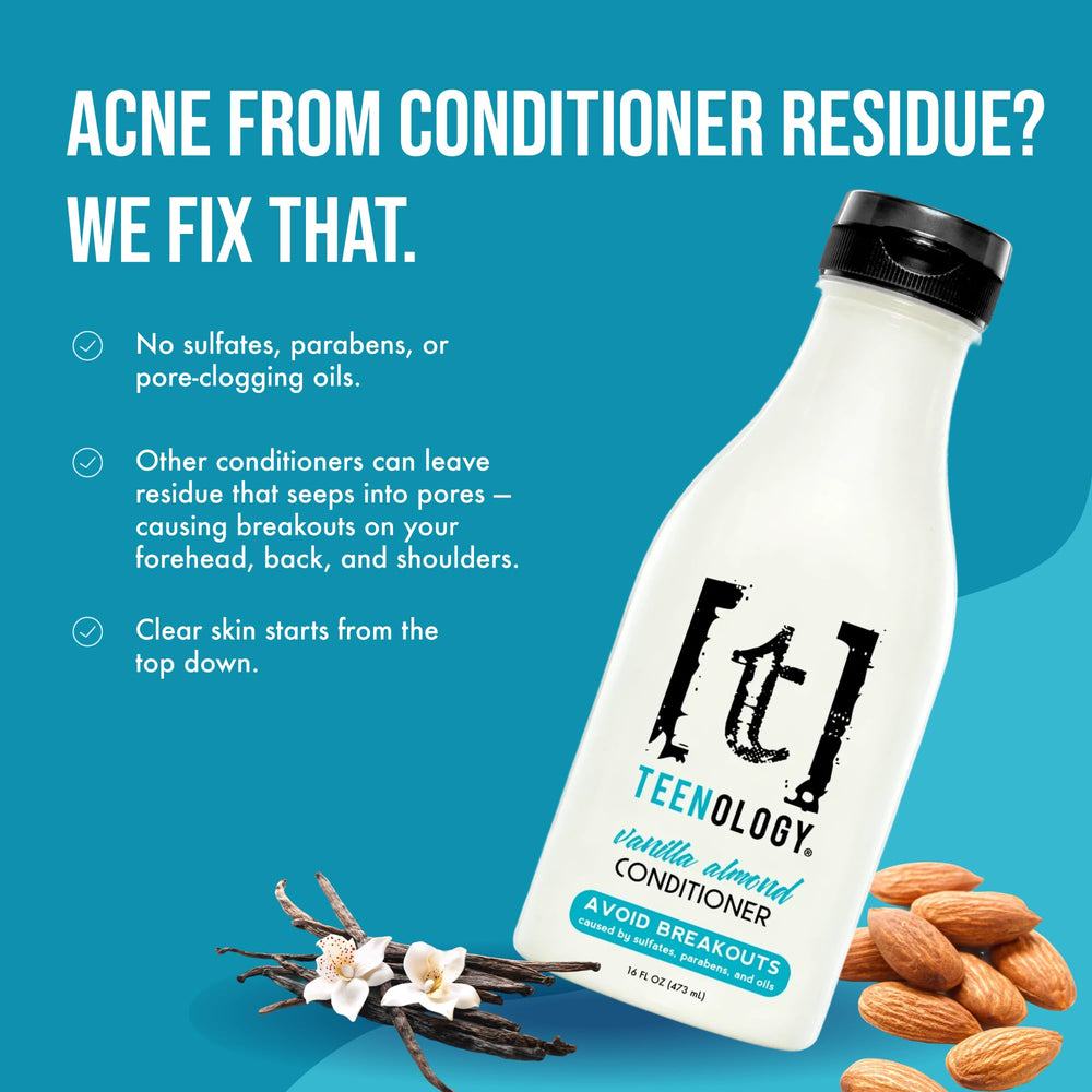 Label closeup highlights natural botanicals for healthier hair with Teenology Vanilla Almond.