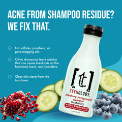 Teenology Teen Shampoo showing blueberry-pomegranate-cucumber pour and lather.