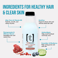 Close-up of Teenology shampoo ingredients like comfrey and hibiscus extracts.