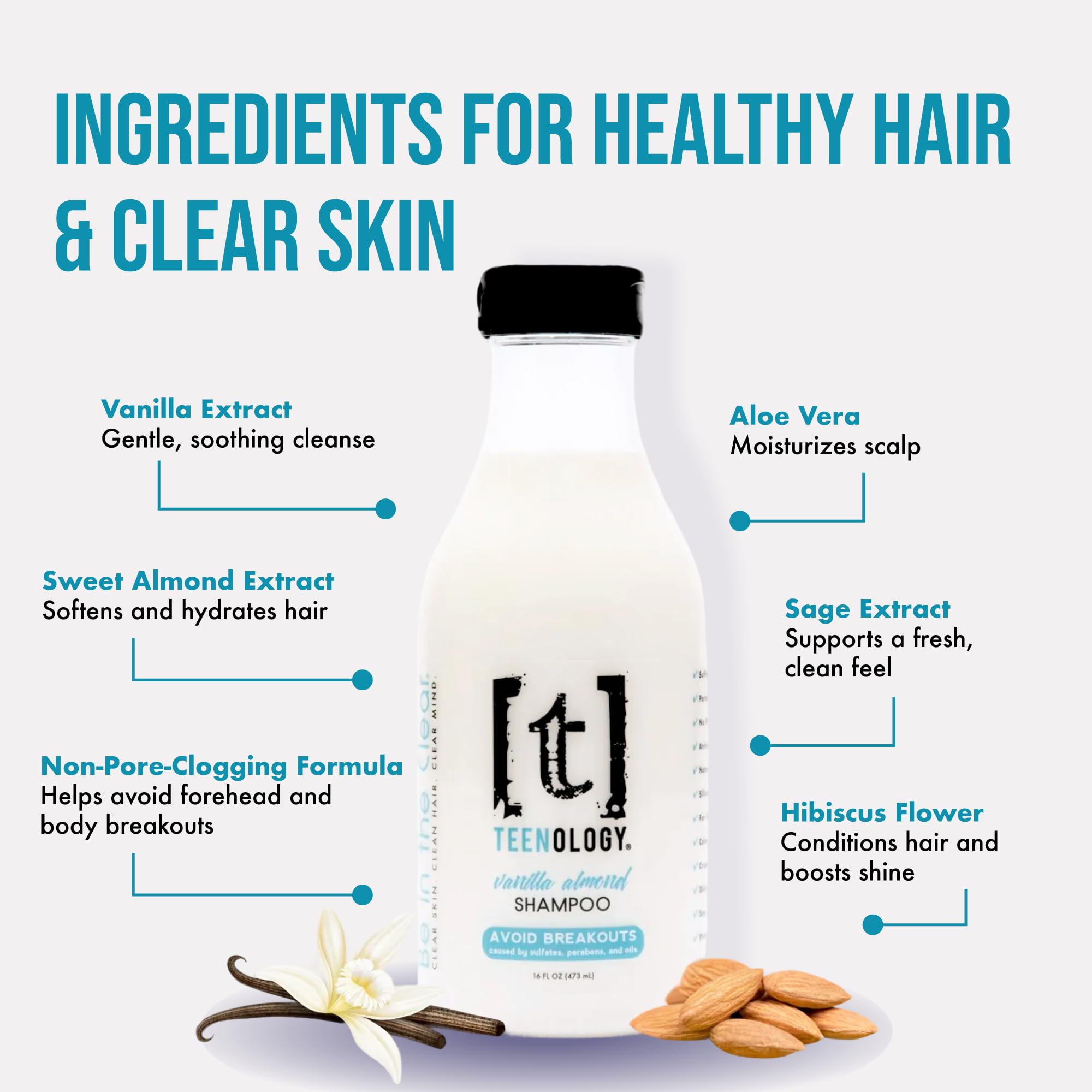 Teenology Teen Shampoo label closeup emphasizes gentle, sulfate-free formula ideal for sensitive skin.