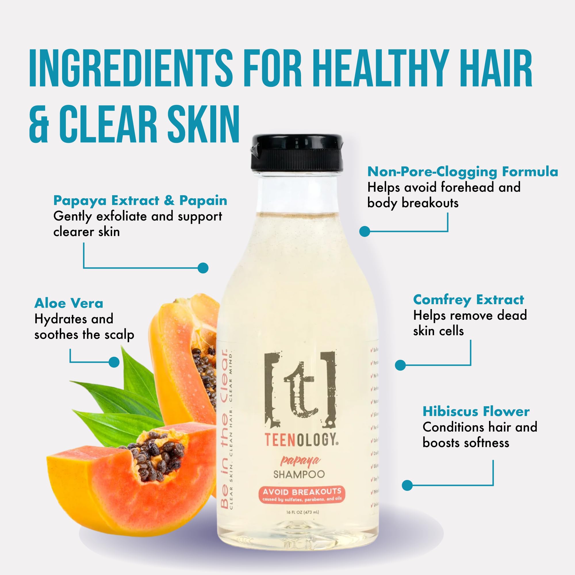 Teenology Teen Shampoo papaya fruit extract emphasizes natural exfoliation and texture improvement.
