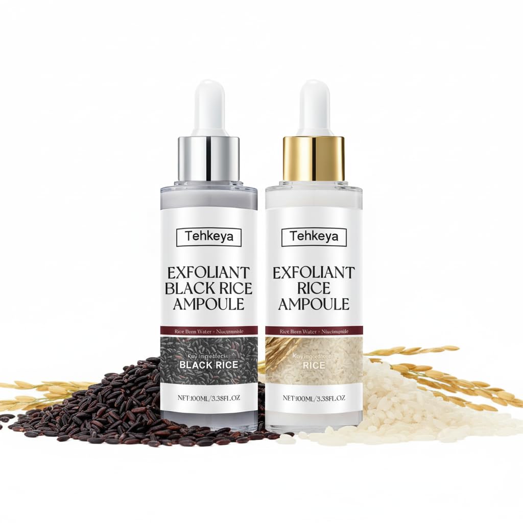 Tehkeya black rice exfoliation essence bottle showing enzymatic exfoliation for smoother skin