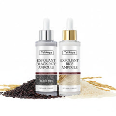 Tehkeya black rice exfoliation essence bottle showing enzymatic exfoliation for smoother skin