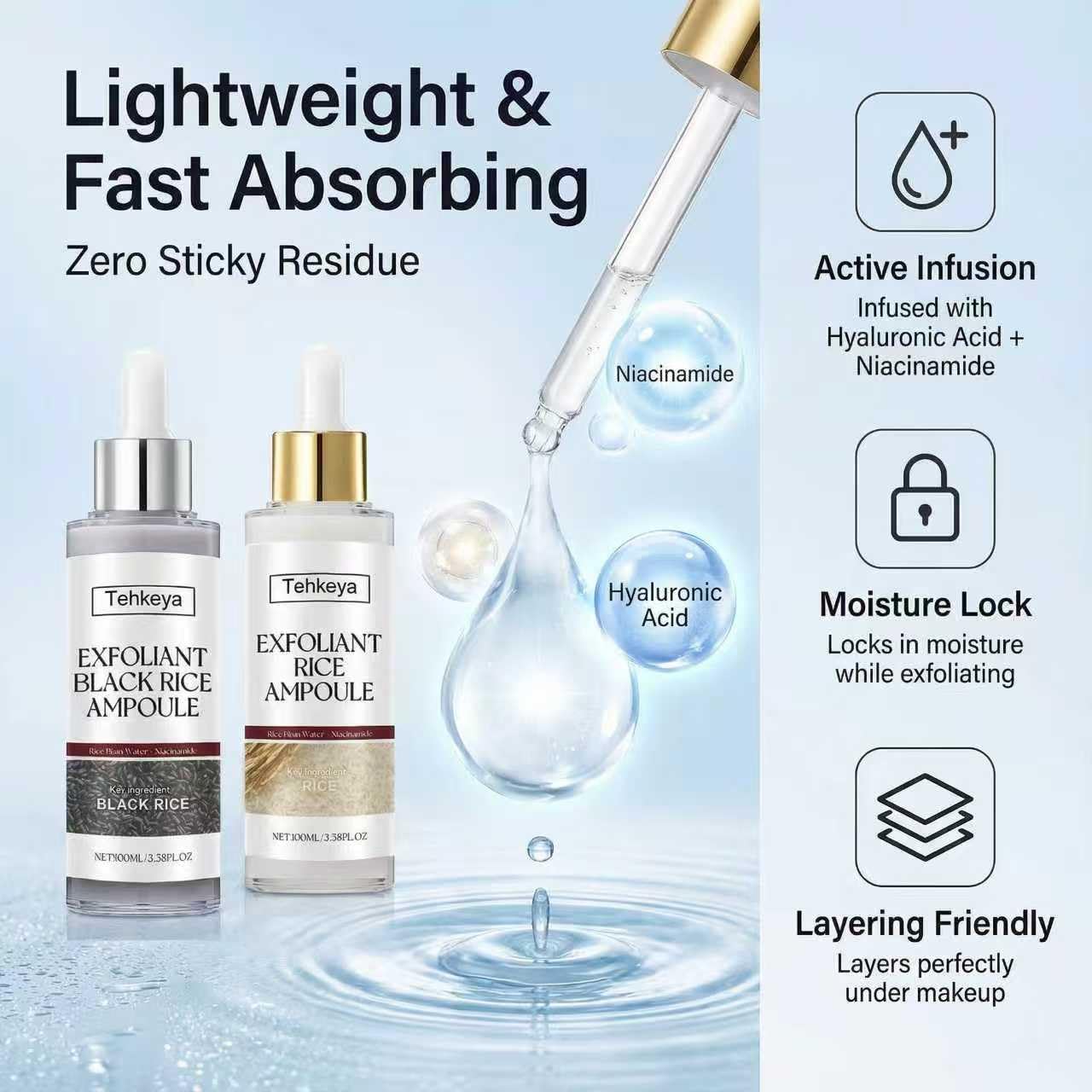 Tehkeya rice peel shot bottle close-up for quick absorption and moisture boost