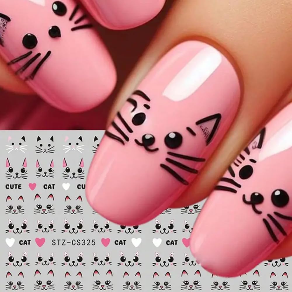 Teilihai pink cat nail stickers sheet 1 for quick cute manicure ideas.
