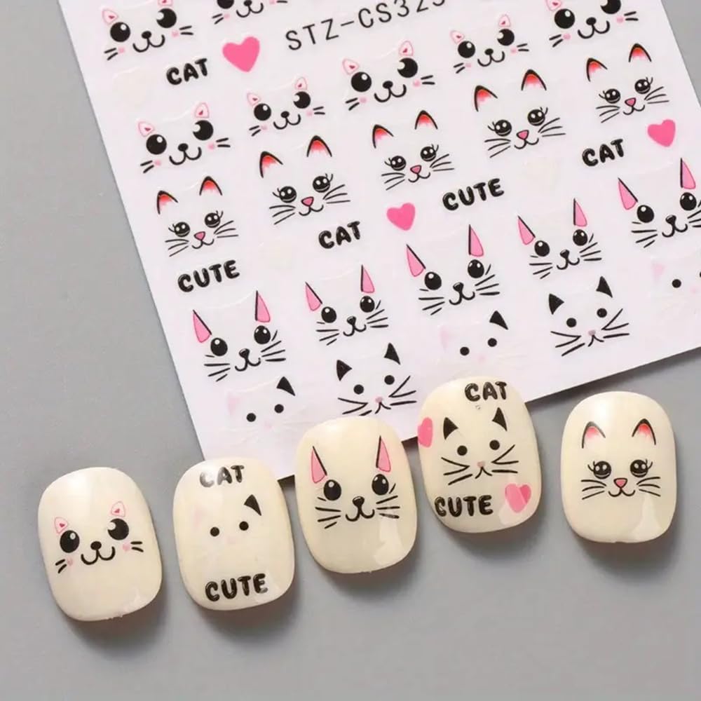 Teilihai pink cat nail stickers sheet 4 versatile cat decals for any nail color.
