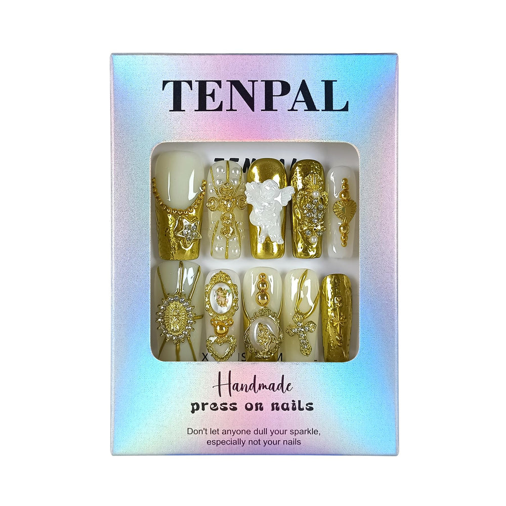 Detailed embossing on TENPAL Baroque nails close-up showcases craftsmanship