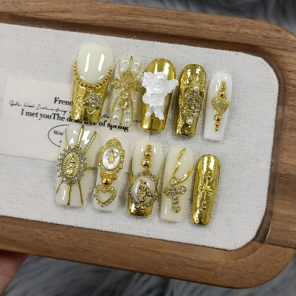 TENPAL Baroque nails long coffin with embossed pearl cross for a luxe finish