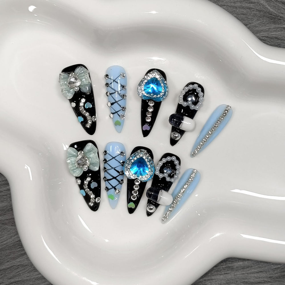 TENPAL blue chain charms nails with edgy Gothic flair