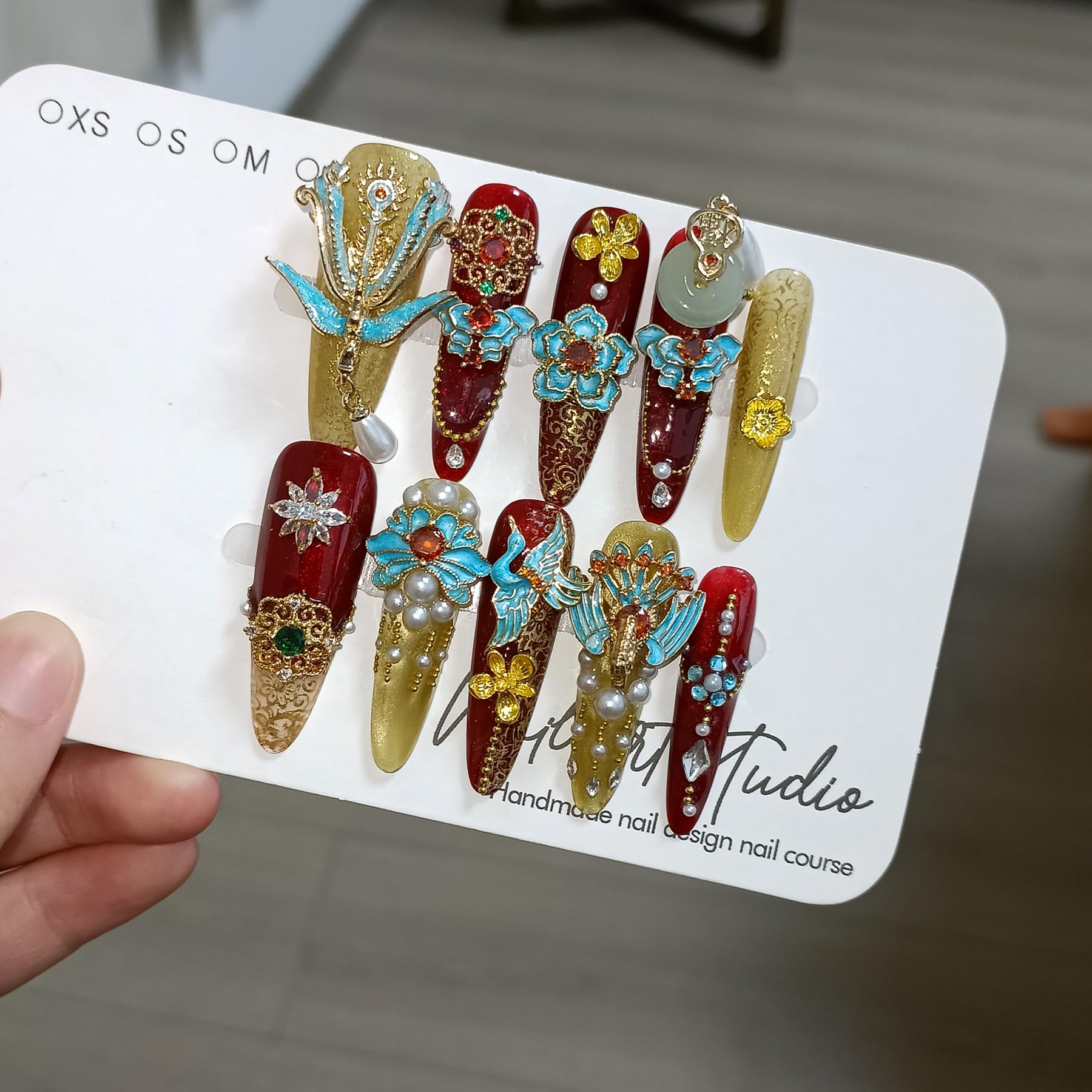 TENPAL bridal nails with red-gold phoenix dragon designs for wedding glamour.