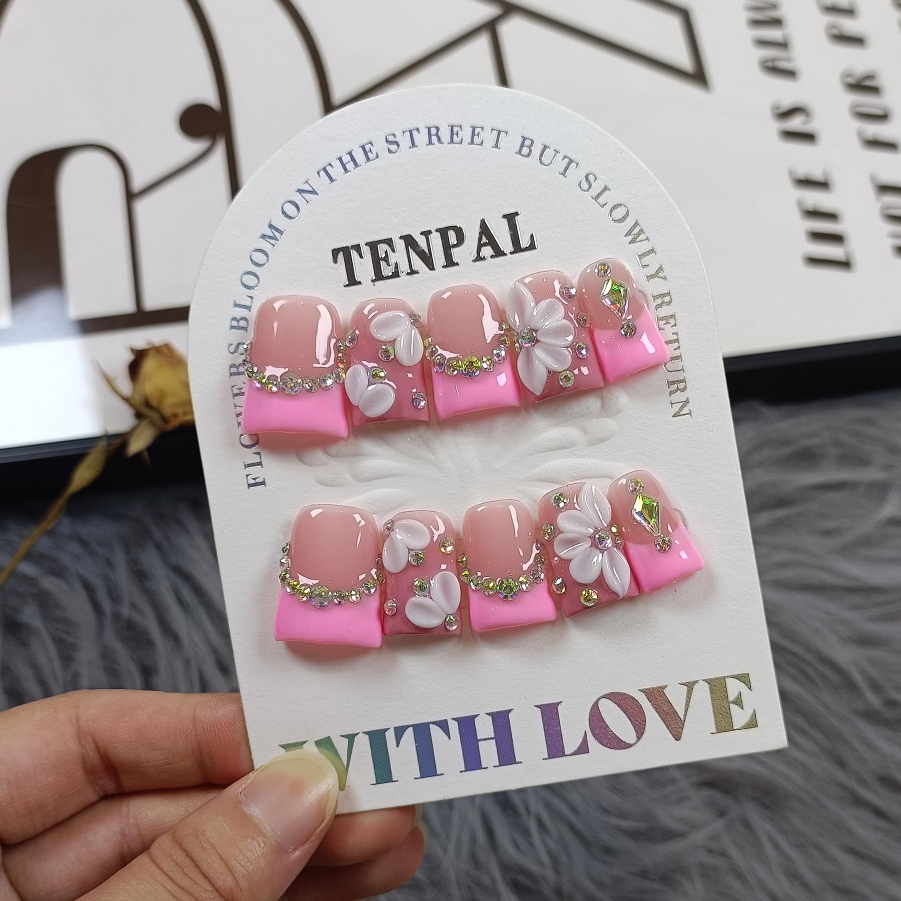 TENPAL duckbill nails with pink floral design for weddings and daily glamour.