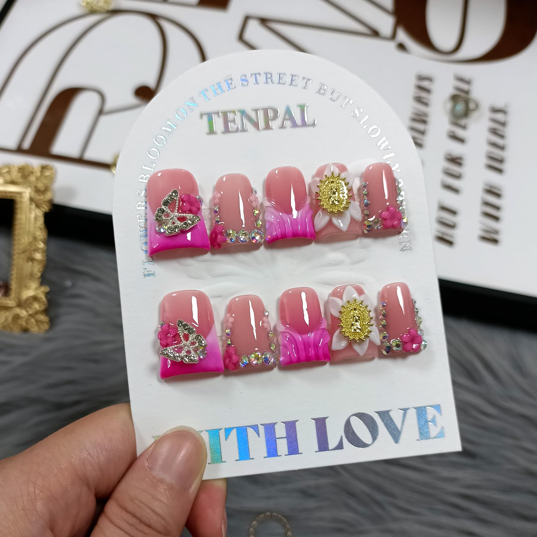 TENPAL Duckbill nails with French tip and butterfly accents for events