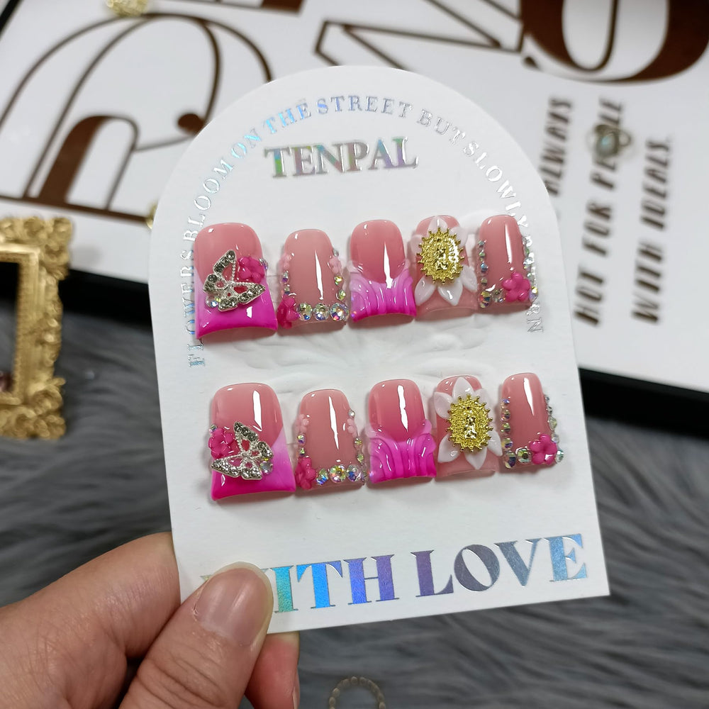 TENPAL Duckbill nails with French tip and butterfly accents for events