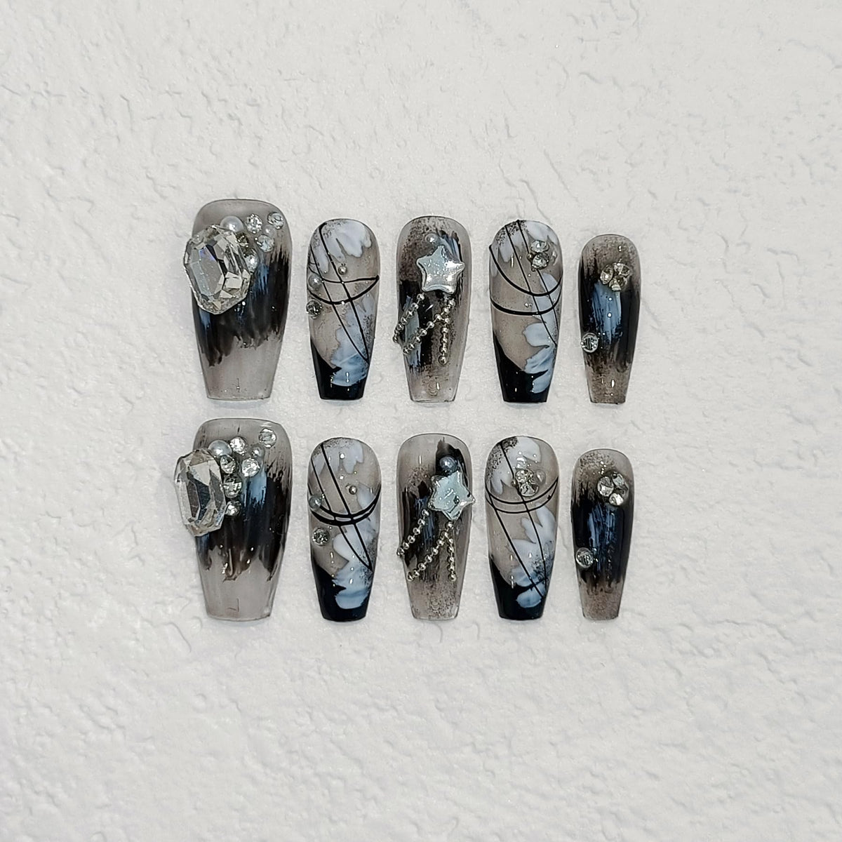 TENPAL gothic black French tips coffin kit shown for dramatic, reusable nail fashion.