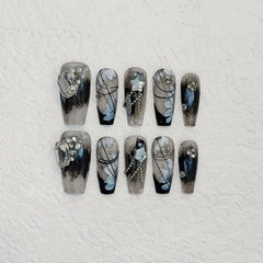 TENPAL gothic black French tips coffin kit shown for dramatic, reusable nail fashion.