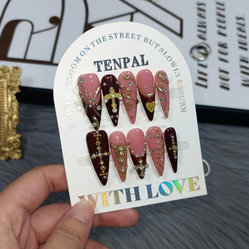 TENPAL Gothic press-on nails in long stiletto with cherry red finish for elegant events