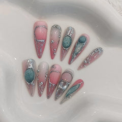 TENPAL long stiletto nails with pink-silver holographic gradient for a glow-ready look