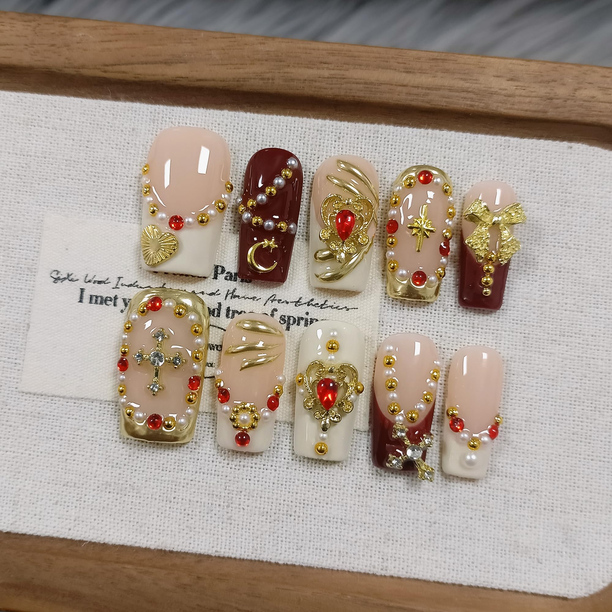 TENPAL Royal Baroque nails with wine red and gold pearls for elegant events