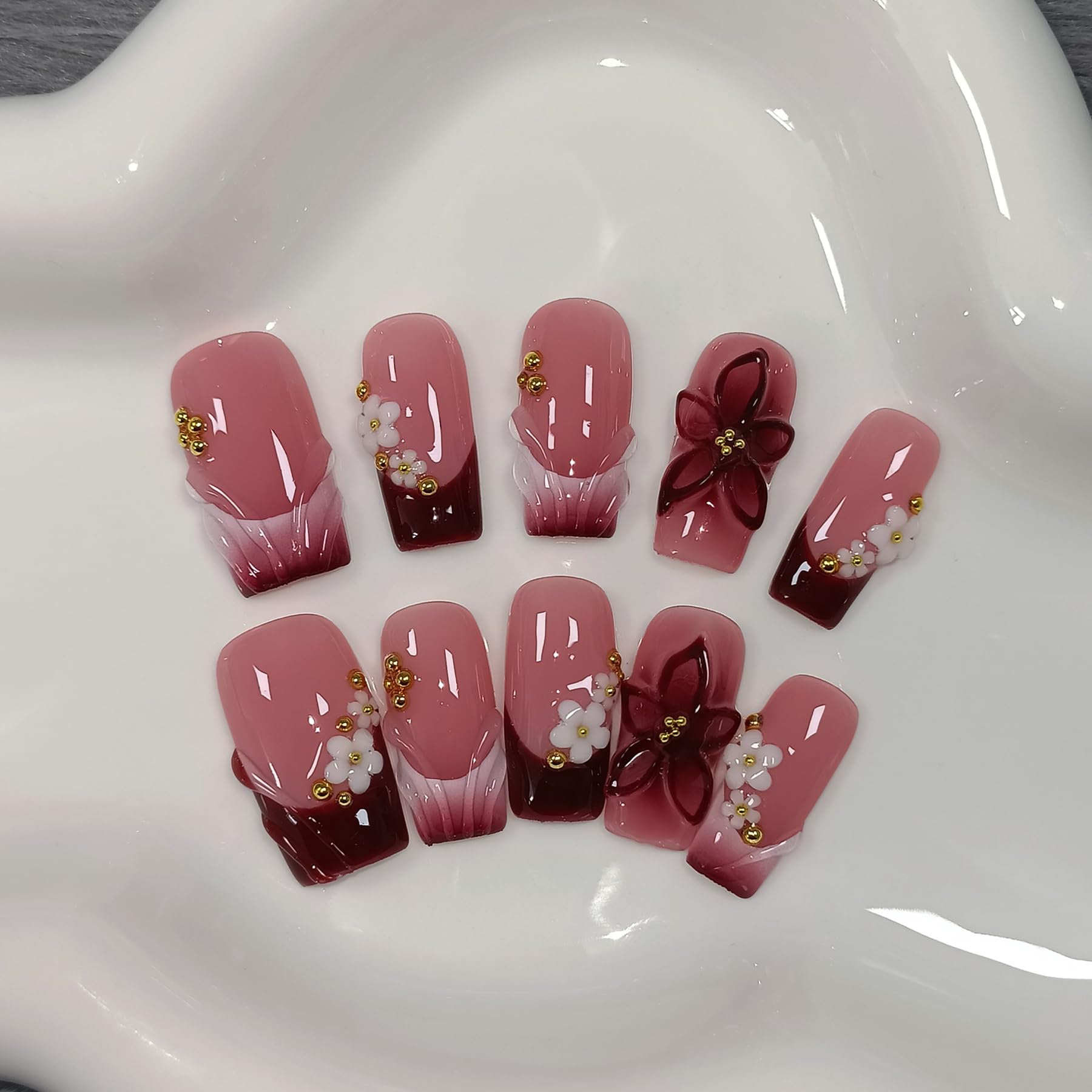 TENPAL sheer 3D floral pearl embossed glossy finish nails for parties and daily glam
