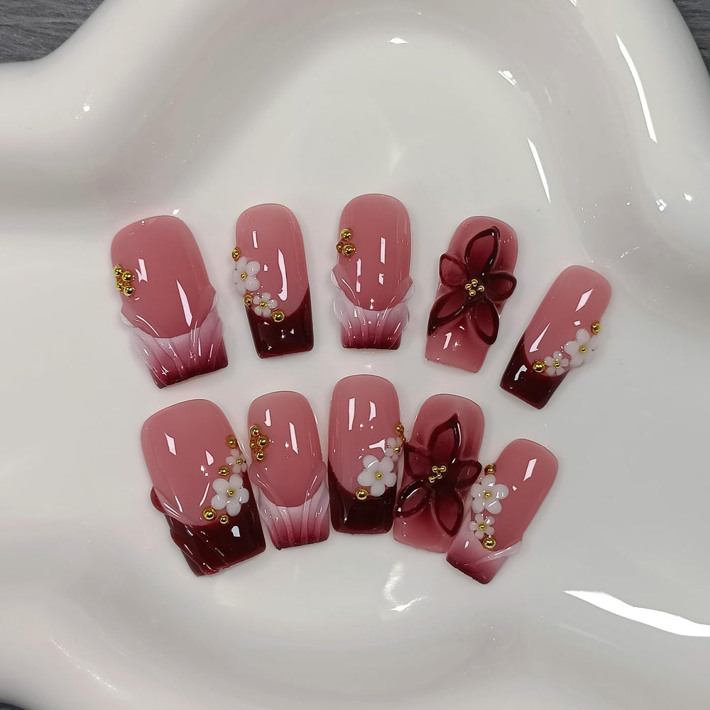 TENPAL sheer 3D floral pearl embossed glossy finish nails for parties and daily glam