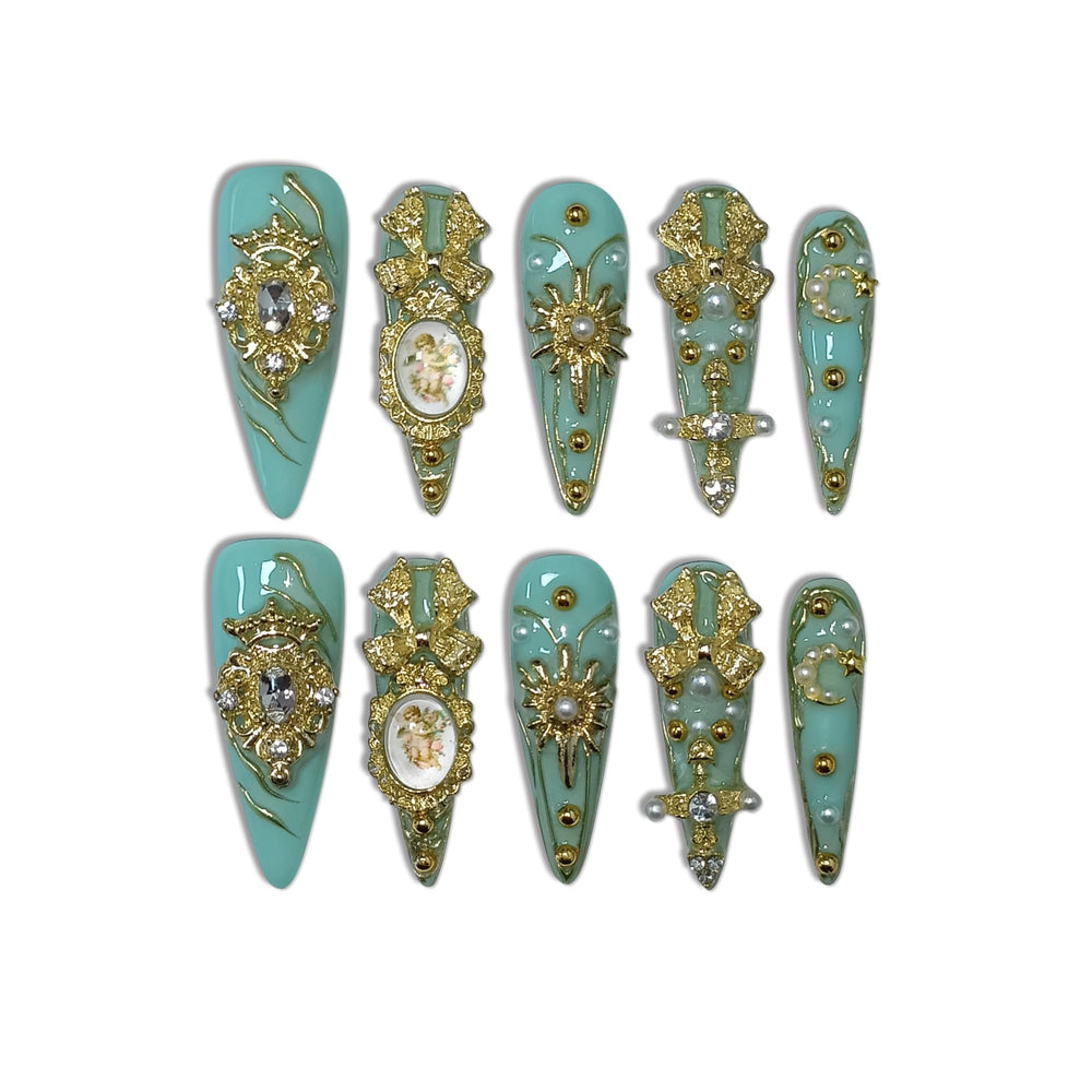 TENPAL mint green stiletto nails close up showing glossy icy glitter for eye catching shine