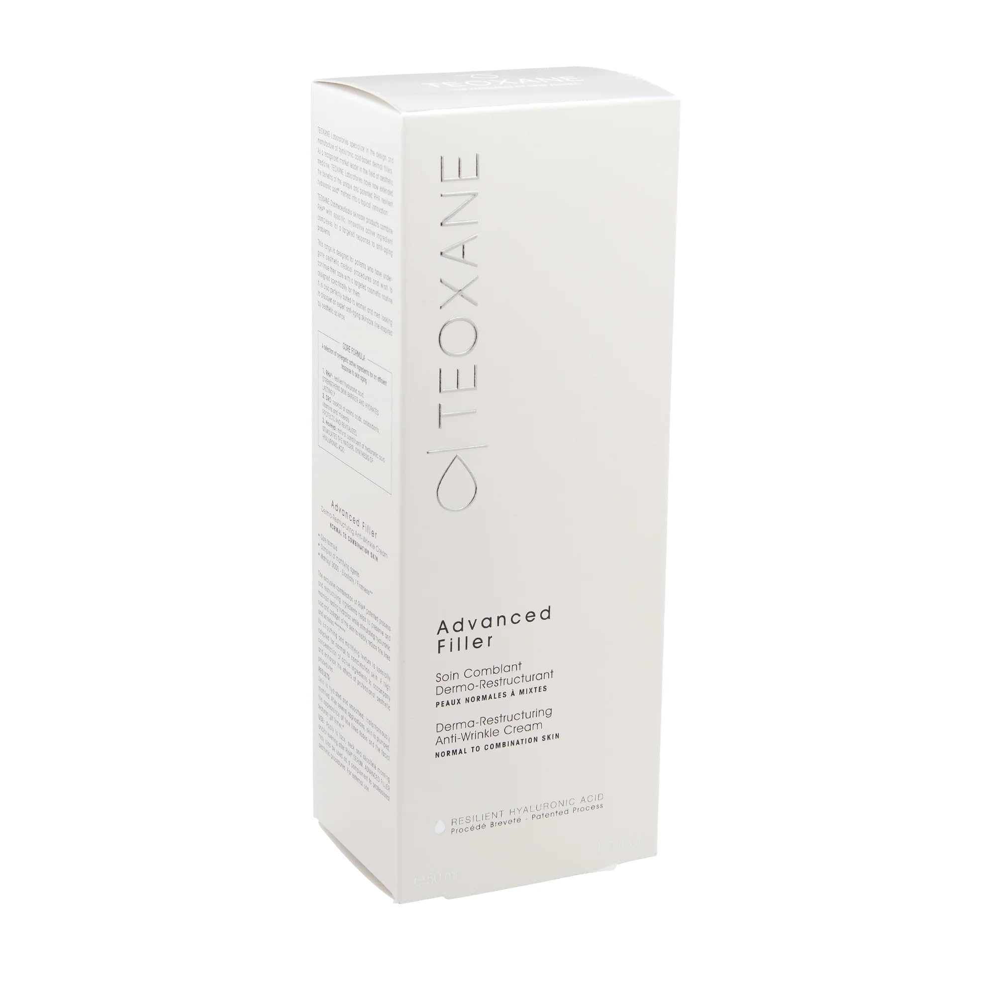 Teoxane Advanced Filler bottle pour showing hydrating action for normal to combination skin.