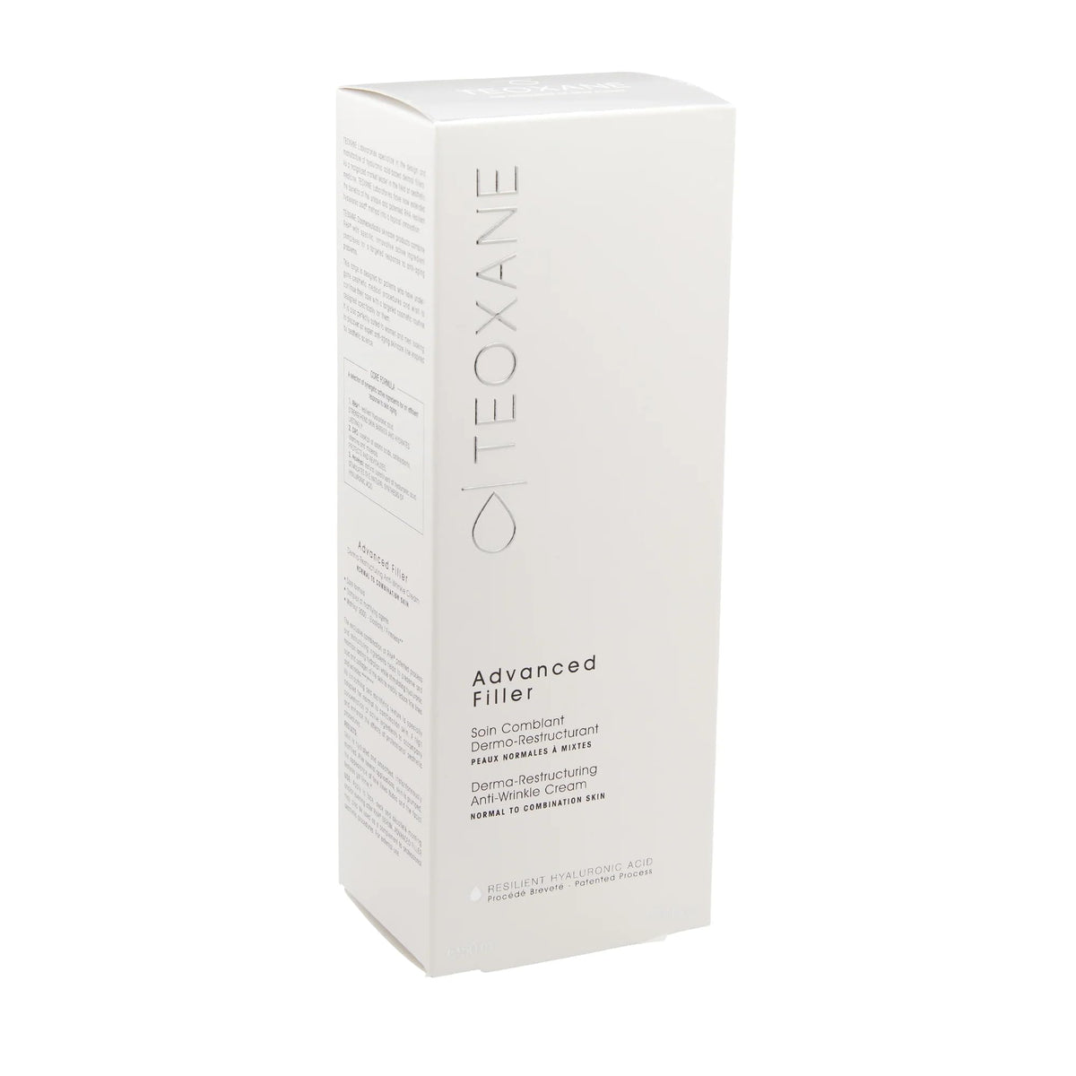 Teoxane Advanced Filler bottle pour showing hydrating action for normal to combination skin.
