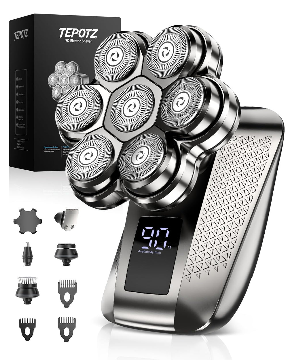 TEPOTZ 7D head shaver rotation demonstrates contour-following precision for a smooth shave.