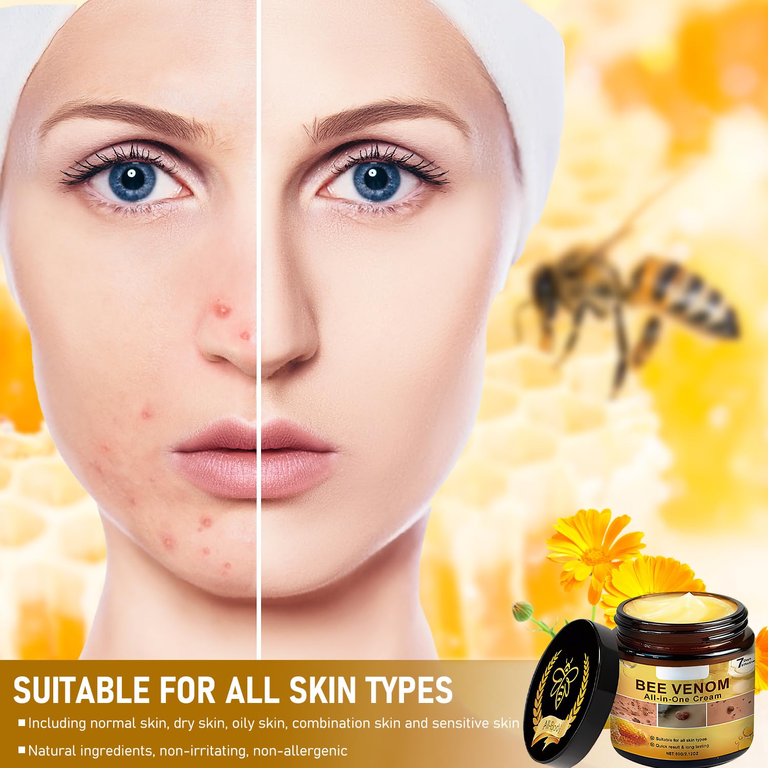 Teqnizo Bee Venom Cream on face illustrating quick absorption.