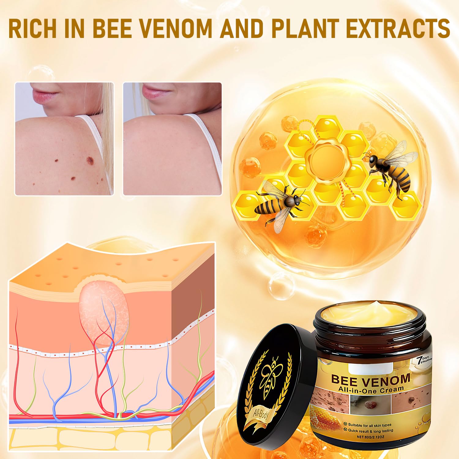 Teqnizo Bee Venom Cream packaging box highlighting formula for all skin types.