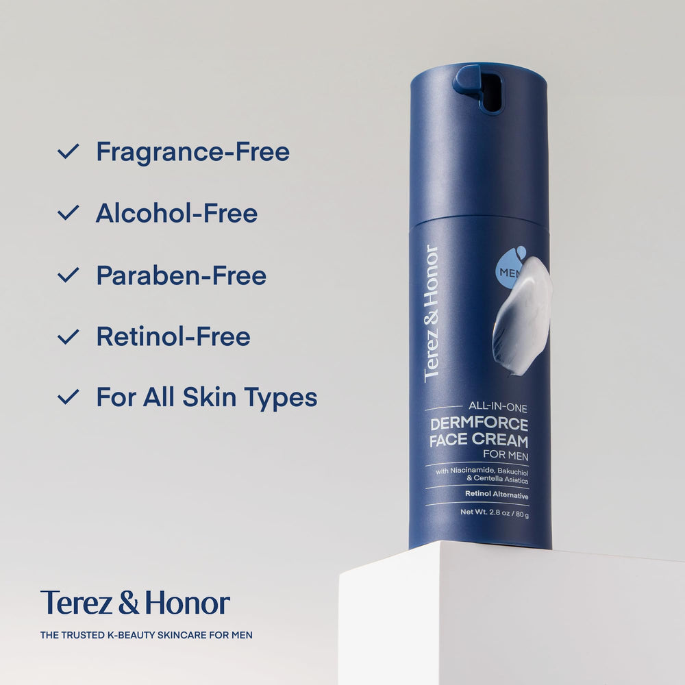 TEREZ & HONOR 6-in-1 cream shown in a daily men's skincare routine.