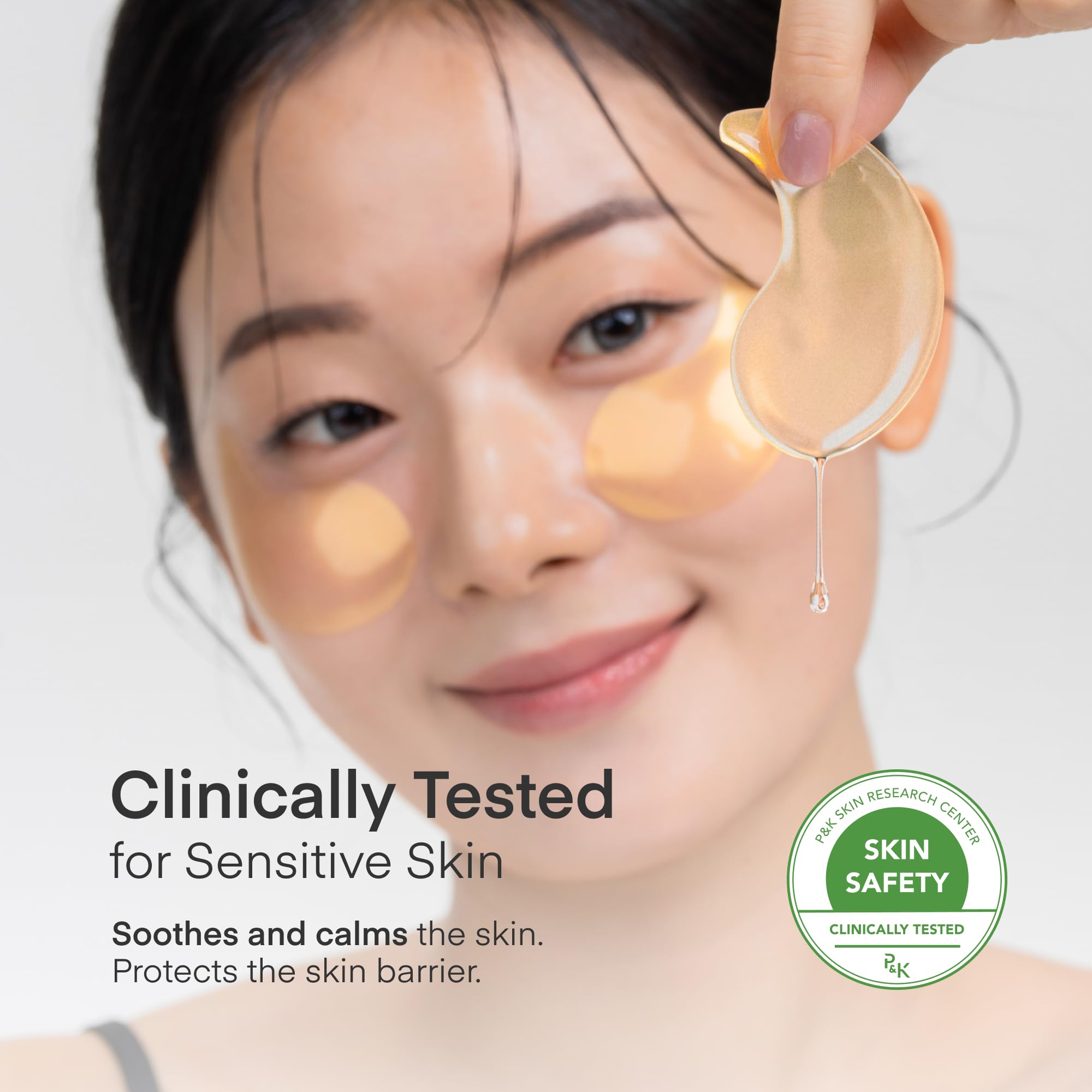 Caffeine and niacinamide ingredients shown beside patches for refreshed, even-toned look.
