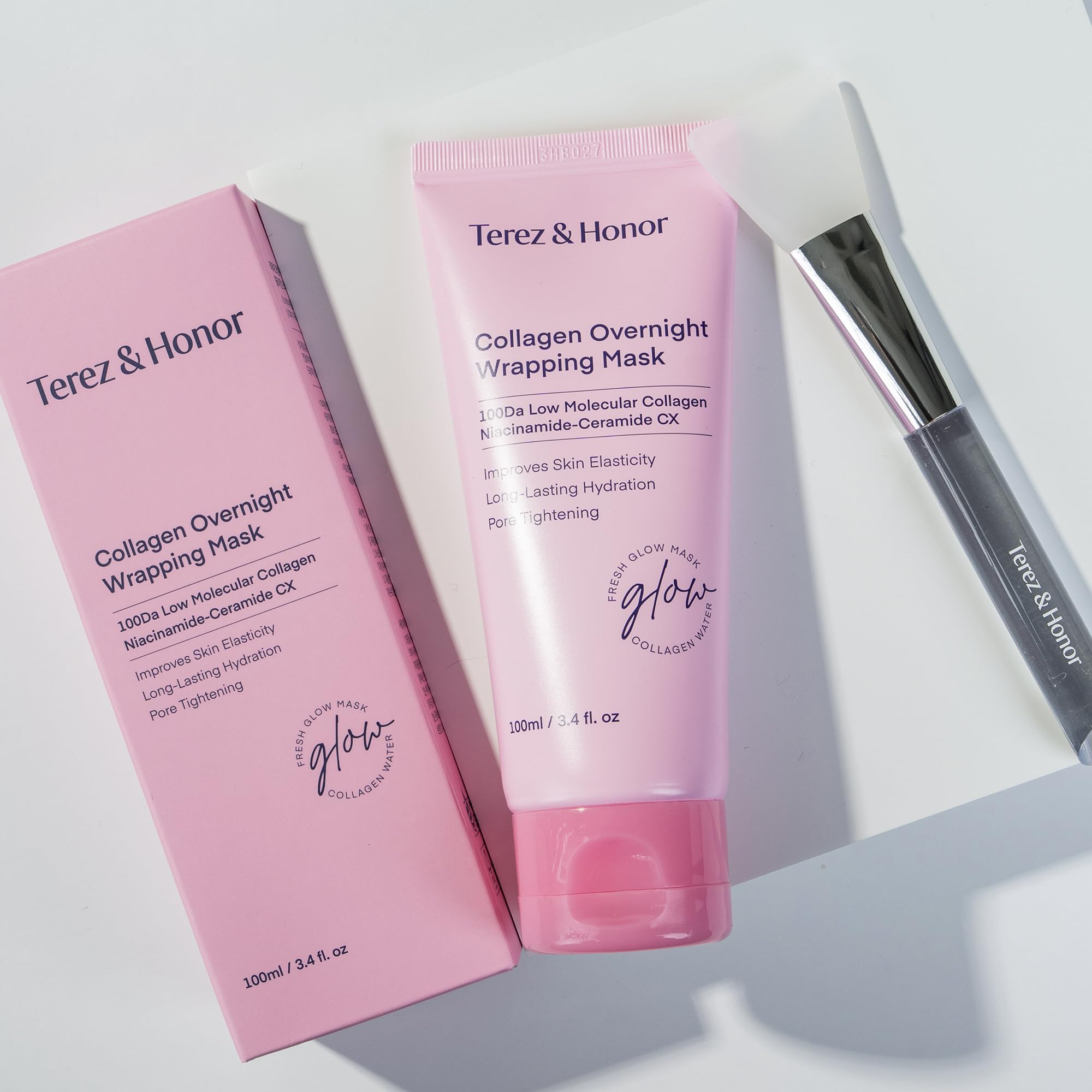 TEREZ AND HONOR collagen night wrap mask self care moment in bathroom.