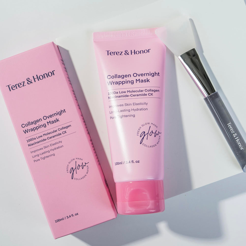 TEREZ AND HONOR collagen night wrap mask self care moment in bathroom.