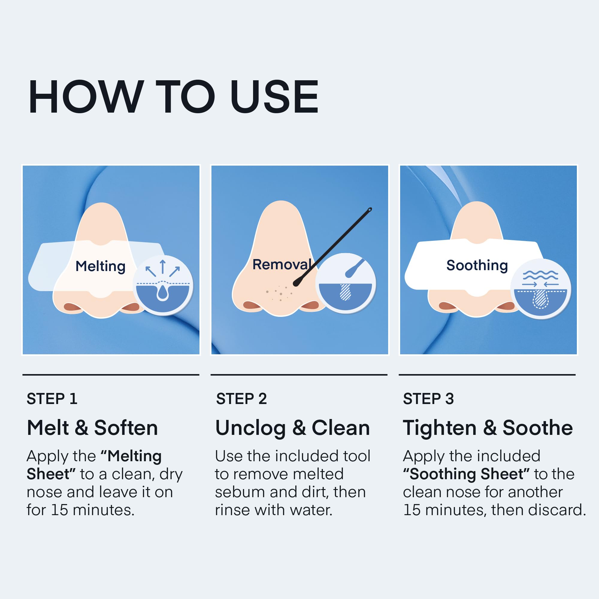 TEREZ AND HONOR pore strips application close up guides through a simple 3-step process.