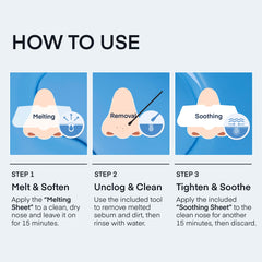 TEREZ AND HONOR pore strips application close up guides through a simple 3-step process.