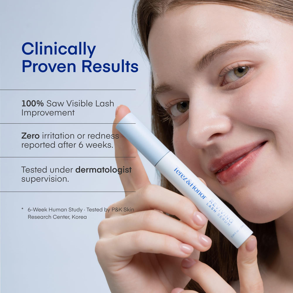 TEREZ & HONOR Reviving Lash Serum in hand showing lightweight, non-sticky texture