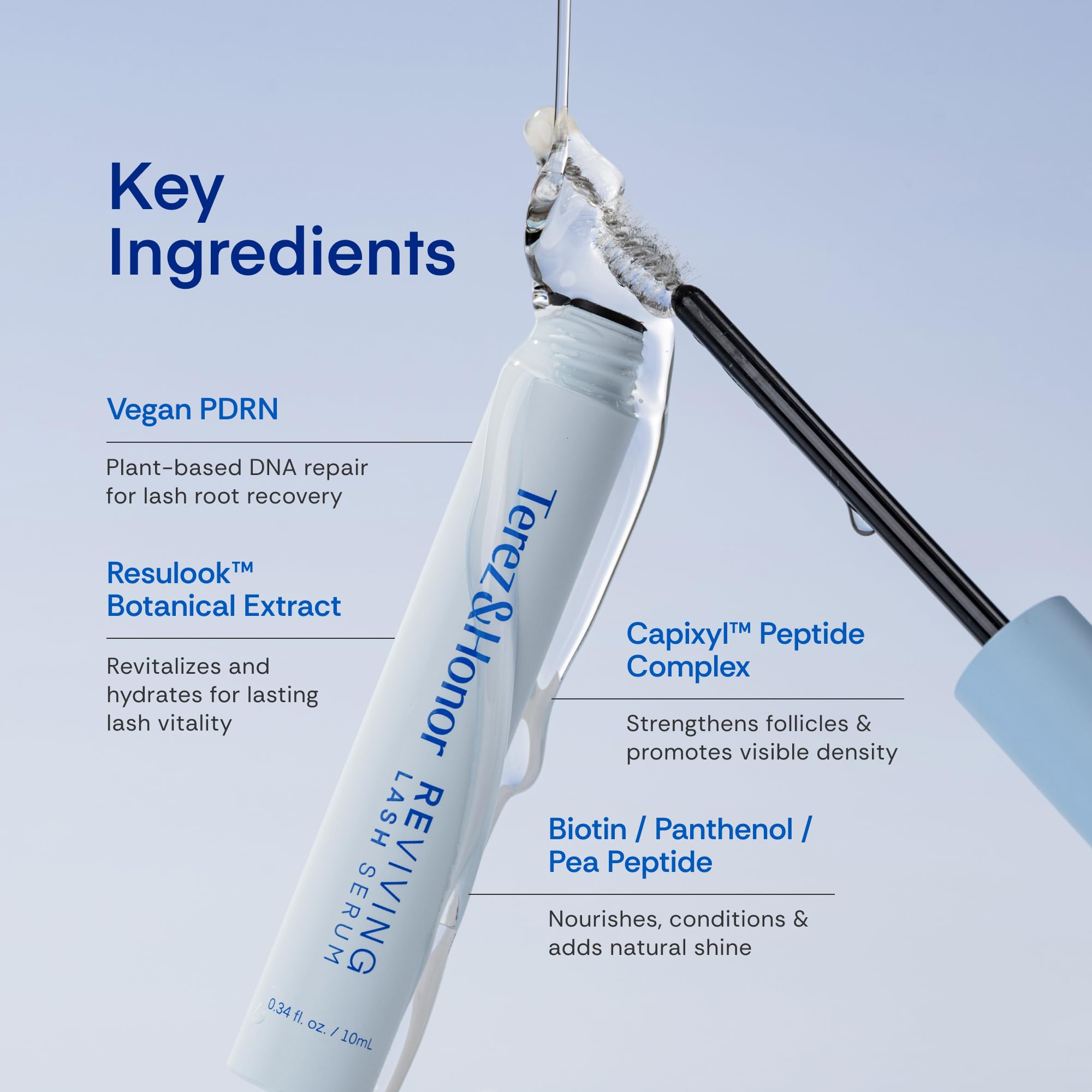 TEREZ & HONOR Reviving Lash Serum packaging front emphasizing vegan, fragrance-free care