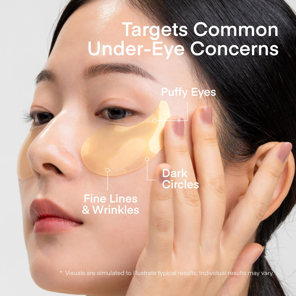 TEREZ & HONOR under-eye gold patches resting on skin for a luminous, relaxed look.
